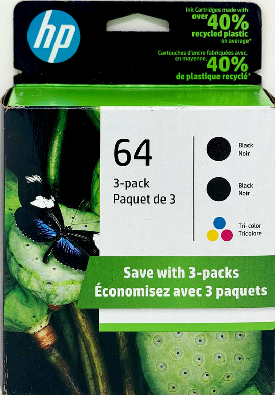Genuine HP 64 3-pack Black/Tri-color Original Ink Cartridges, Multi-pack
