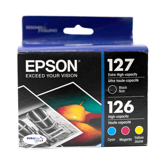 Genuine Epson 127/126 Black, Cyan, Magenta, and Yellow Ink Cartridges, Extra High Yield Black, High Yield Colors, 4/Pack (T127120-BCS)
