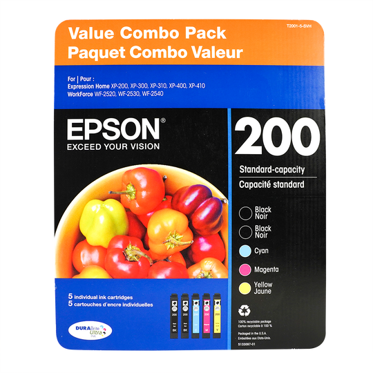 Genuine Epson T200 Series Ink Cartridge, Black/Cyan/Magenta/Yellow (5 ct.)