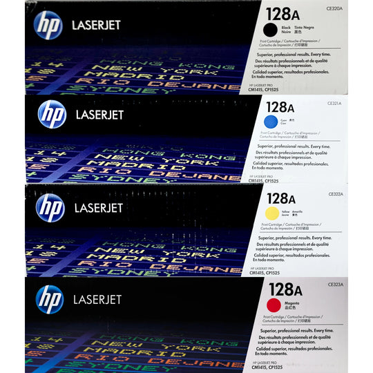 HP 128A Toner 4 Pack - CE320A CE321A CE322A CE323A CF371AM - Black Cyan Magenta Yellow - Original HP LaserJet Toner Cartridges