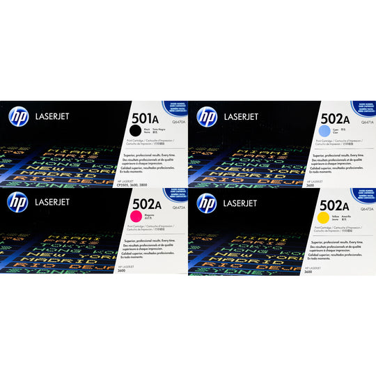 HP 501A / HP 502A Toner SET - Combo 4 Pack - Q6470A Q6471A Q6472A Q6473A - Black Cyan Magenta Yellow - Original HP LaserJet Toner Cartridges