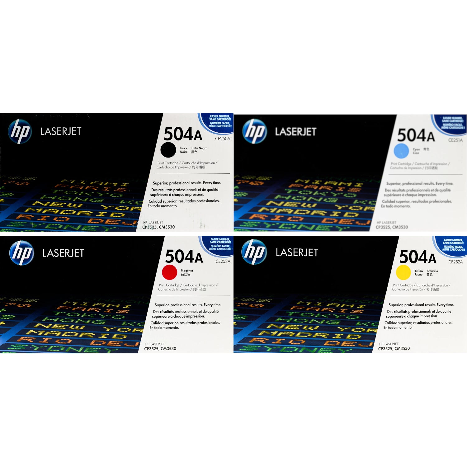 HP 504A Toner - Combo 4 pack - CE250A CE251A CE252A CE253A - Black Cyan Magenta Yellow - Original HP LaserJet Toner Cartridges