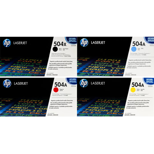 HP 504X / HP 504A Toner SET - Combo 4 pack - CE250X CE251A CE252A CE253A - High Yield Black / Standard Yield Cyan Magenta Yellow - Original HP Toner