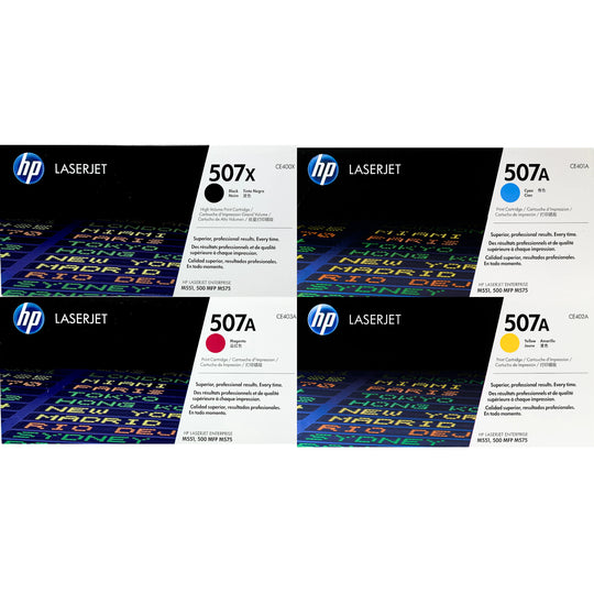 HP 507X / HP 507A Toner 4 Pack - CE400X CE401A CE402A CE403A - High Yield Black / Standard Yield Cyan Magenta Yellow - Original HP LaserJet Toner Cartridges