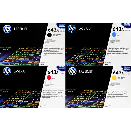 HP 643A Toner 4 Pack - Q5950A Q5951A Q5952A Q5953A - Black Cyan Magenta Yellow - Original HP LaserJet Toner Cartridges