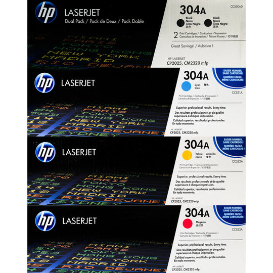 HP 304A Toner - Combo 5 pack - CC530AD CC531A CC532A CC533A - 2 Black / Cyan Magenta Yellow - Original HP LaserJet Toner Cartridges