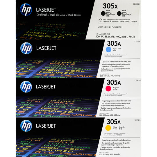 HP 305X / HP 305A Toner SET - Combo 5 pack - CE410XD CE411A CE412A CE413A - 2 High Yield Black / Standard Yield  Cyan Magenta Yellow  - Original HP LaserJet Toner