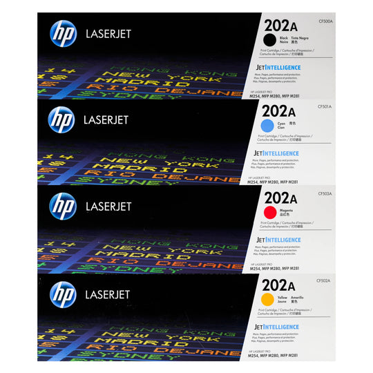HP 202A Toner 4 Pack - CF500A CF501A CF502A CF503A - Black Cyan Magenta Yellow - Original HP LaserJet Toner Cartridges