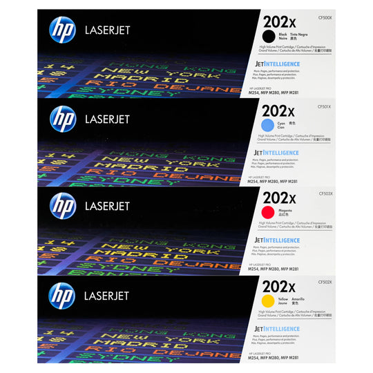 HP 202X Toner 4 Pack - CF500X CF501X CF502X CF503X - Black Cyan Magenta Yellow - Original HP LaserJet Toner Cartridges