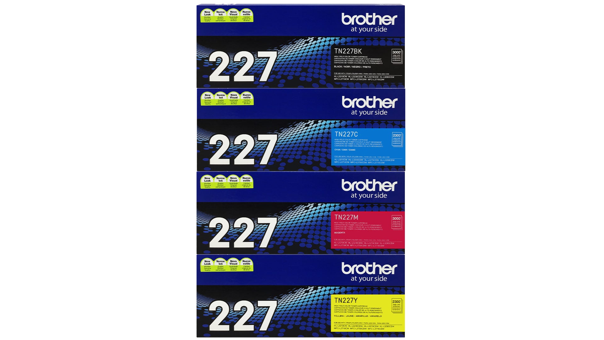 Brother TN-227 High Yield Toner - 4 Pack - TN227BK TN227C TN227M TN227Y - Black Cyan Magenta Yellow - Original Brother Laser Toner Cartridge