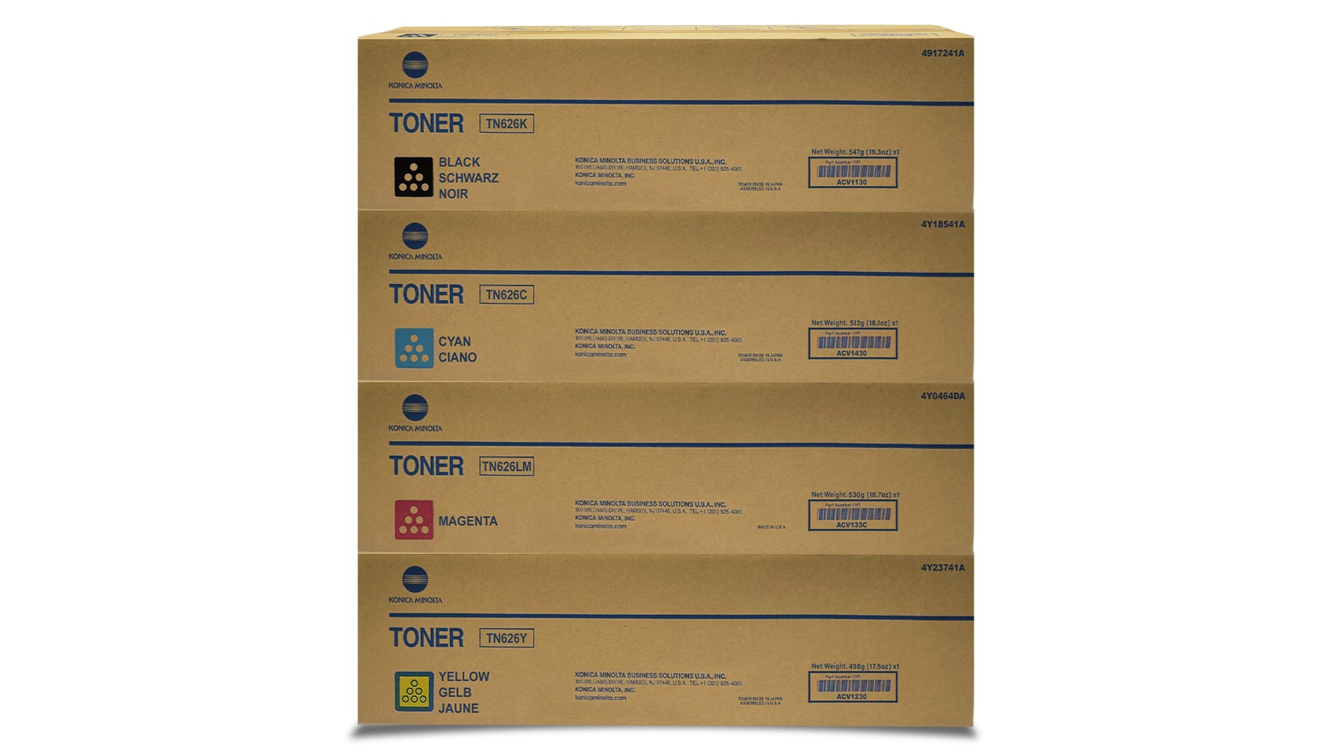 Konica Minolta TN626 Toner SET - Black, Cyan, Magenta, Yellow - Original Konica Minolta Toner Cartridges