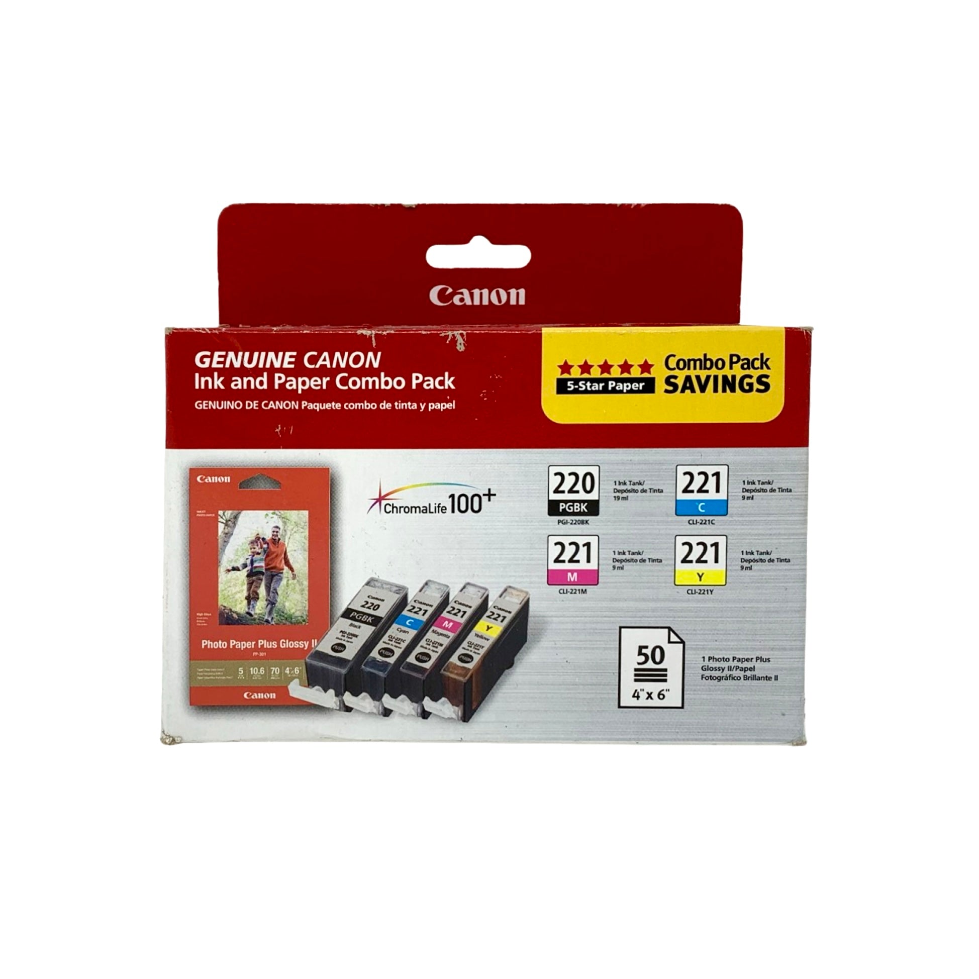 Genuine Canon PGI 220/CLI-221 Combo with Paper Plus II Black/Color Ink Cartridges, 4/Pack (2945B011)