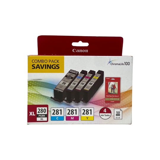 Genuine Canon PGI-280XL/CLI-281 Black High Yield/Color Standard Yield Ink Cartridge, 4/Pack with Paper (2021C006)