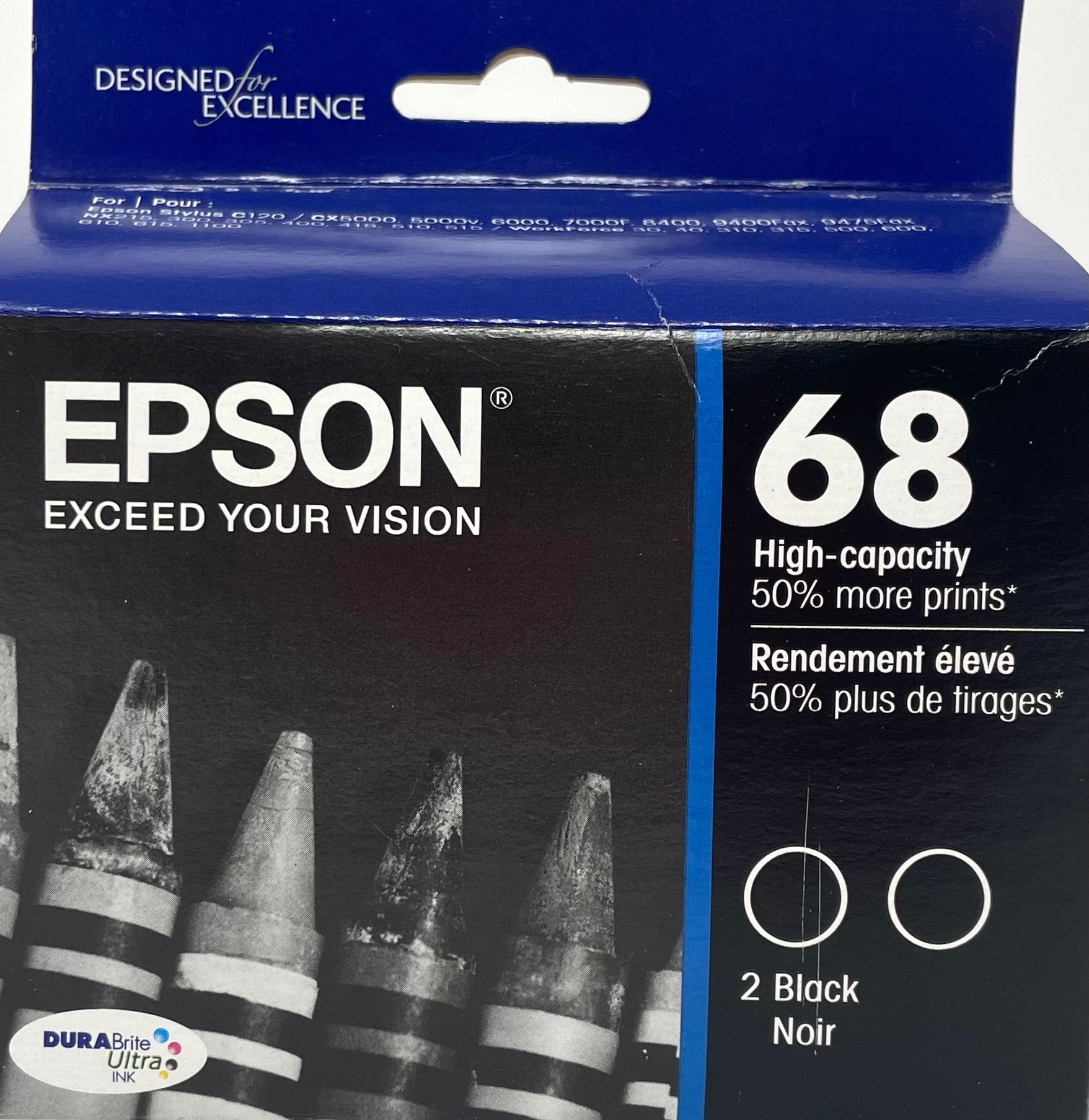 Genuine Epson 68 Black Ink Cartridges, High Yield, 2/Pack (T068120-D2)