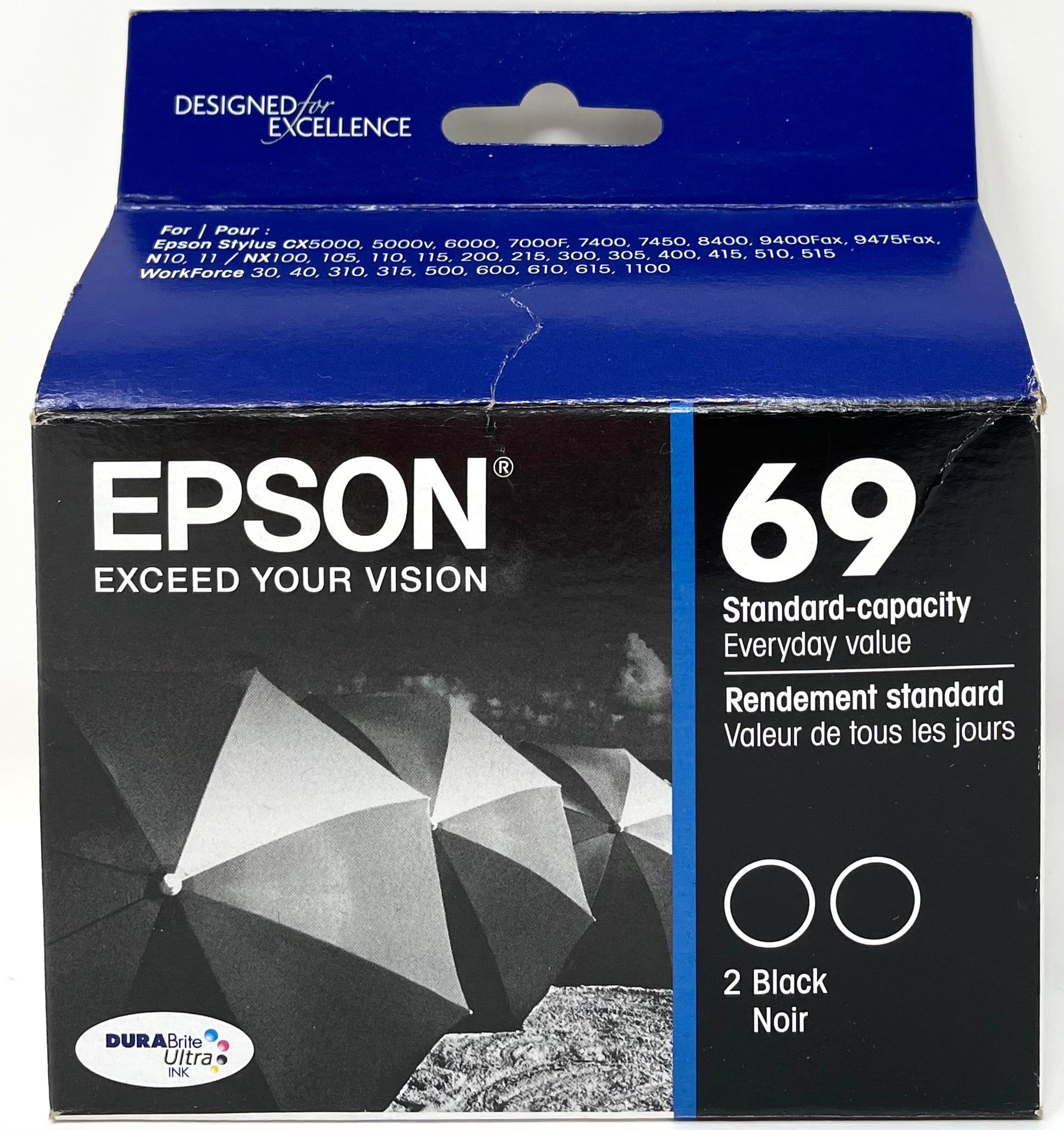 Genuine Epson 69 Dual-Pack Black Ink Cartridges, Standard, 2/Pack (T069120-D2)