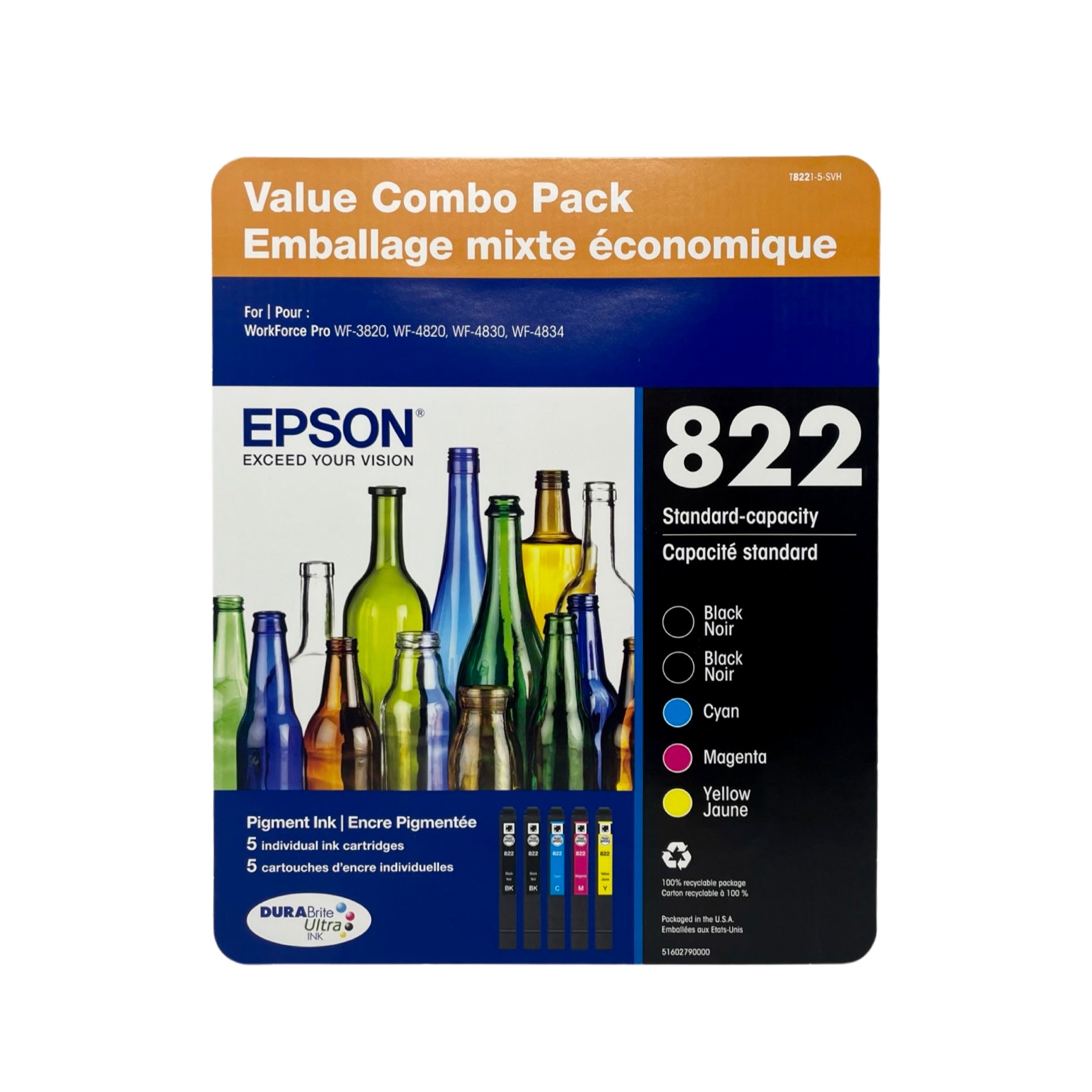 Genuine Epson 822 5-Pack Black/Standard Capacity Multi Ink Cartridges - Cyan/Magenta/Yellow/Black