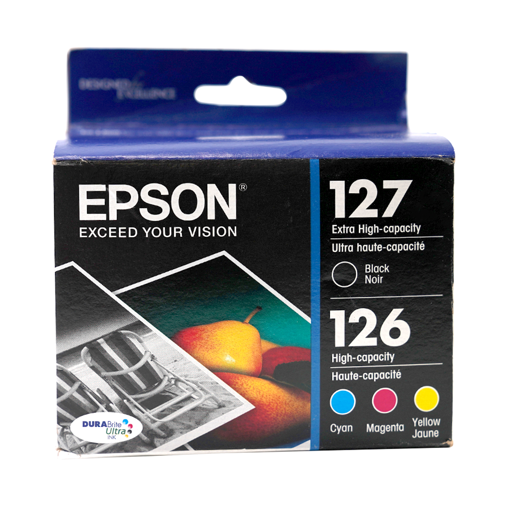 Genuine Epson 127/126 Black, Cyan, Magenta, and Yellow Ink Cartridges, Extra High Yield Black, High Yield Colors, 4/Pack (T127120-BCS)