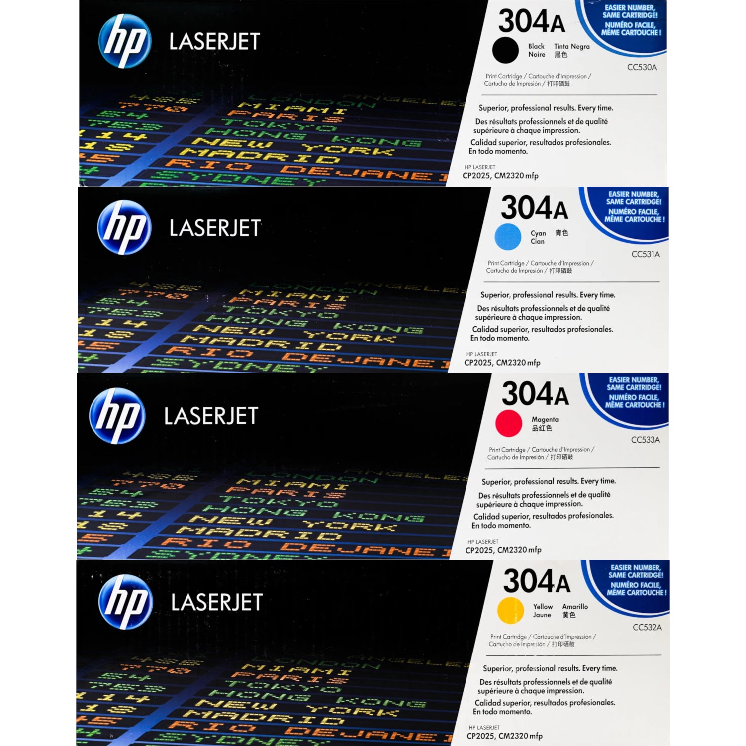 4-Pack 304A Color Toner Cartridges (CC530A-CC533A) – Black, Cyan, Magenta, Yellow – For HP LaserJet CP2025 / CM2320 Series