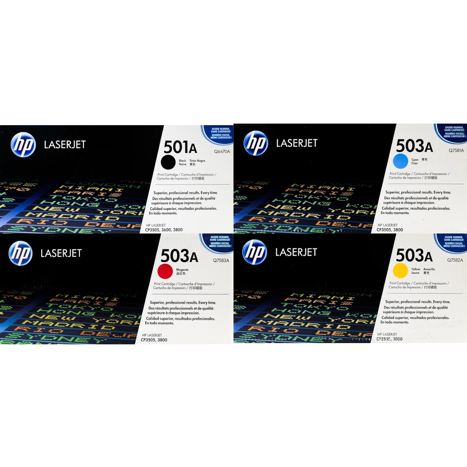HP 501A / HP 503A Toner SET - Combo 4 Pack - Q6470A Q7581A Q7582A Q7583A - Black Cyan Magenta Yellow - Original HP LaserJet Toner Cartridges