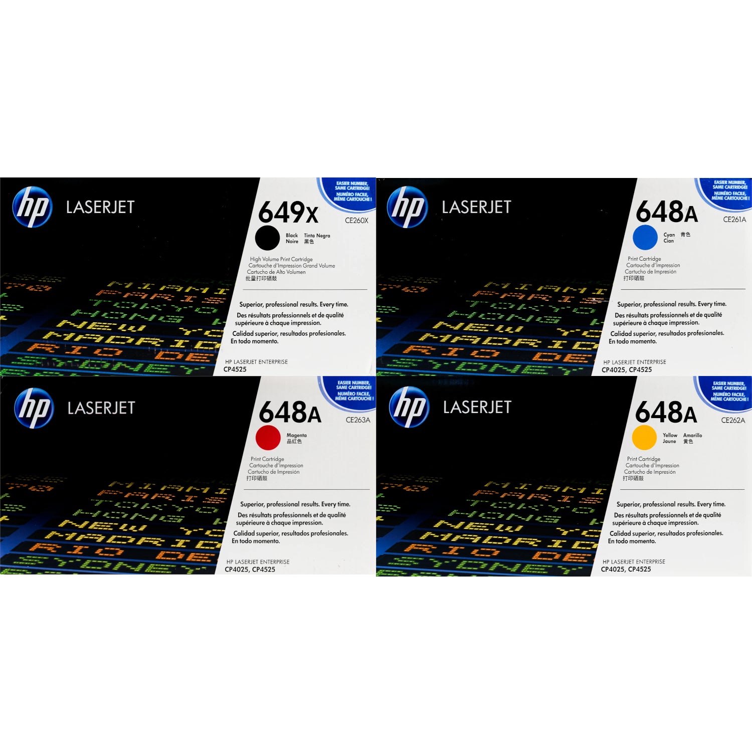 HP 649X / 648A Toner SET - Combo 4 Pack - CE260X CE261A CE262A CE263A - Black Cyan Magenta Yellow - Original HP LaserJet Toner Cartridges